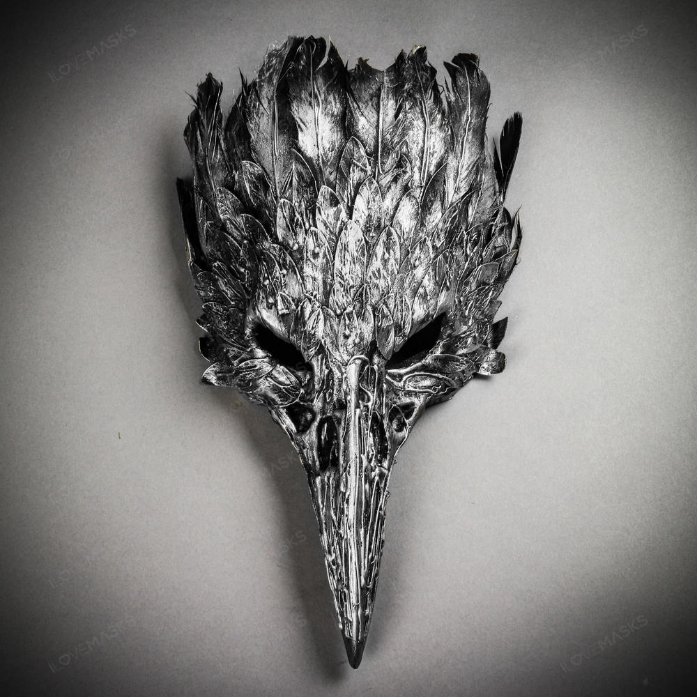 Raven Skull Bird Nose Feather Masquerade Mask - Black Silver